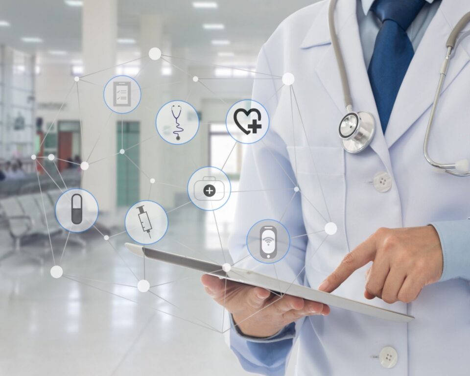 Medical concept male in the white robe in the hospital setting