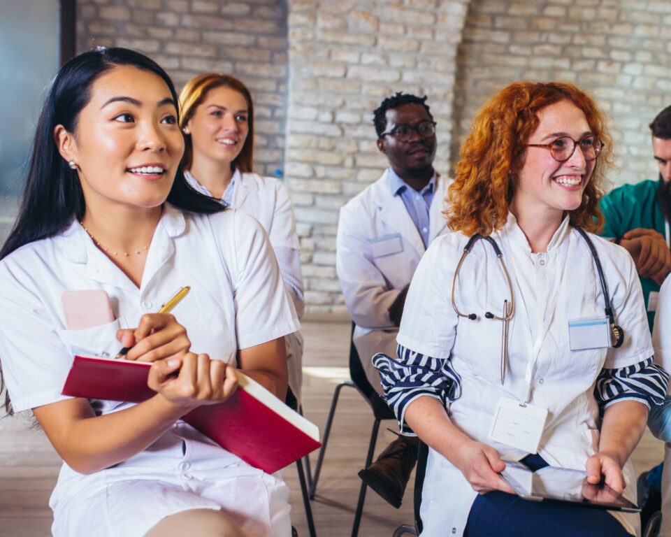 young medical smiling students in the classroom