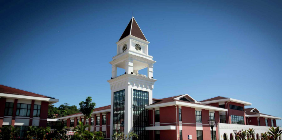 Blue sky clock tower at TTM Hospital in Samoa Oceania University of Medicine